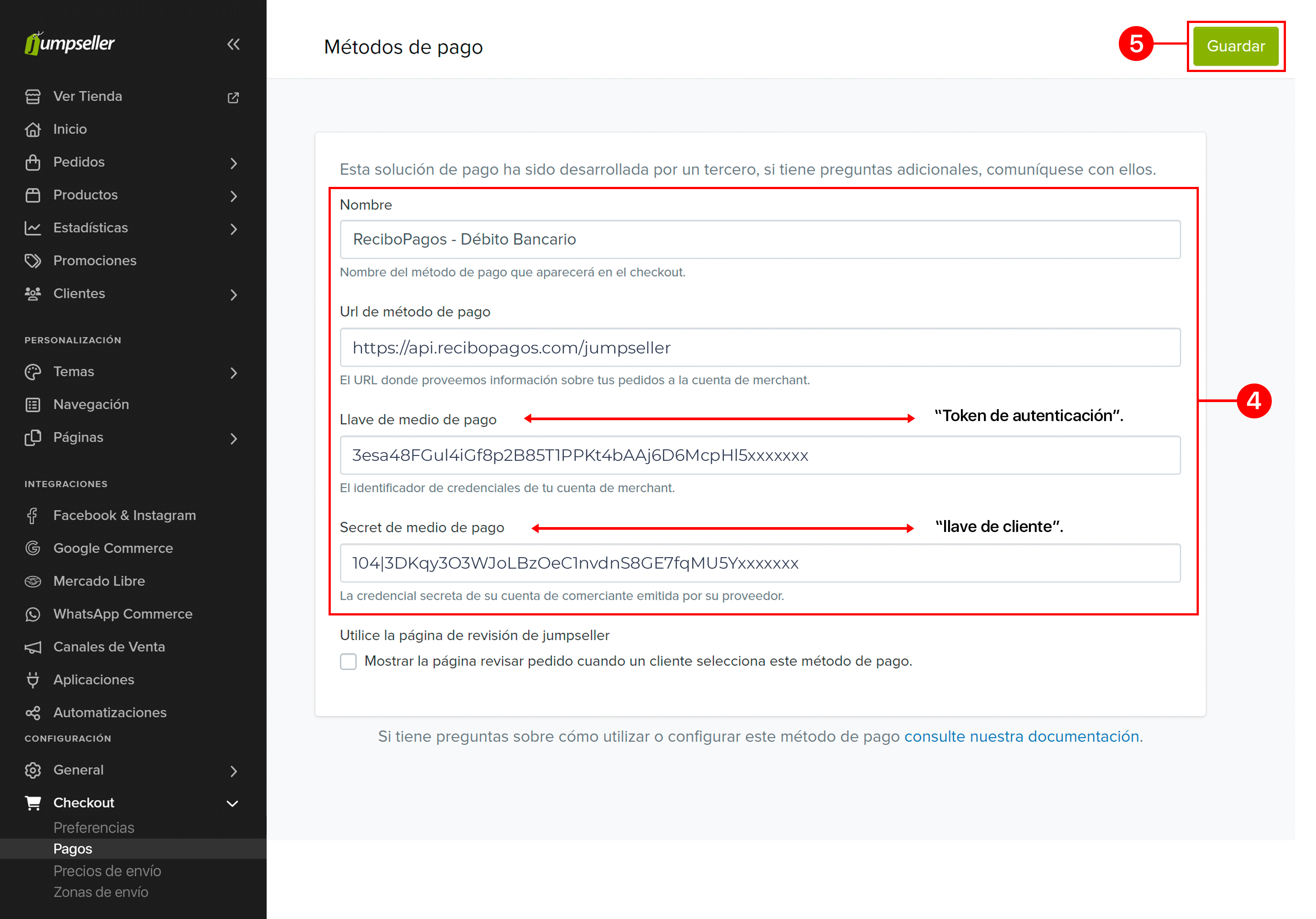 Imagen 2 del paso a paso para integrar Recibo Pagos a tu página Web con JumpSeller